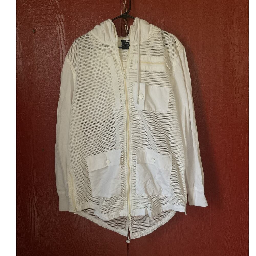 96 Men's Mesh Hooded Utility Windbreaker Jacket White Lightweight Size XL  O
